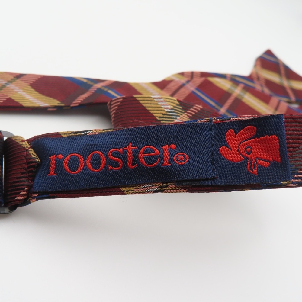 Rooster Bow Tie Red Blue Yellow Plaid 2.5" Wide Self Tie Silk - Picture 3 of 5